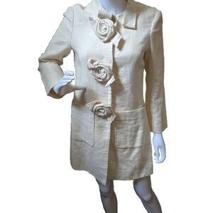 Raw Silk And Linen Cream Women's Coat with Floral Accents